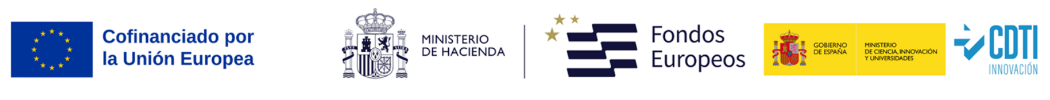 Logos de financiación: Unión Europea, Cofinanciado por la Unión Europea, Ministerio de Hacienda, Fondos Europeos, Gobierno de España y CDTI Innovación.